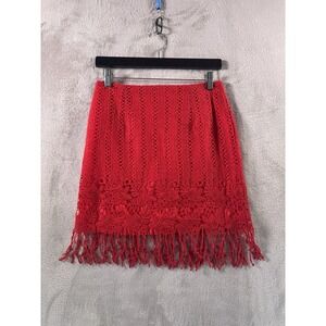 Lovers + Friends Skirt Womens Small Red Crochet Fringe Boho Mini Tassel